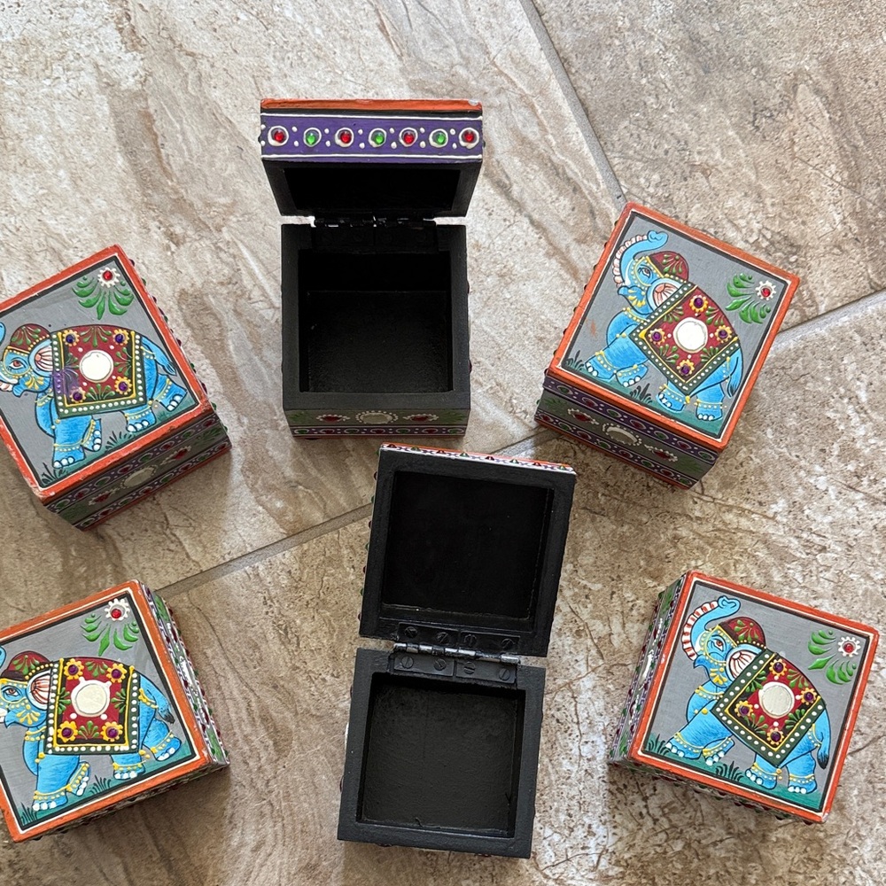 Handpainted Elephant Trinket Boxes - Blue & Orange (set of 6)